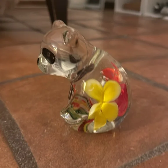 Glass Panda Figurine with Black and Yellow Accents has a little chip
